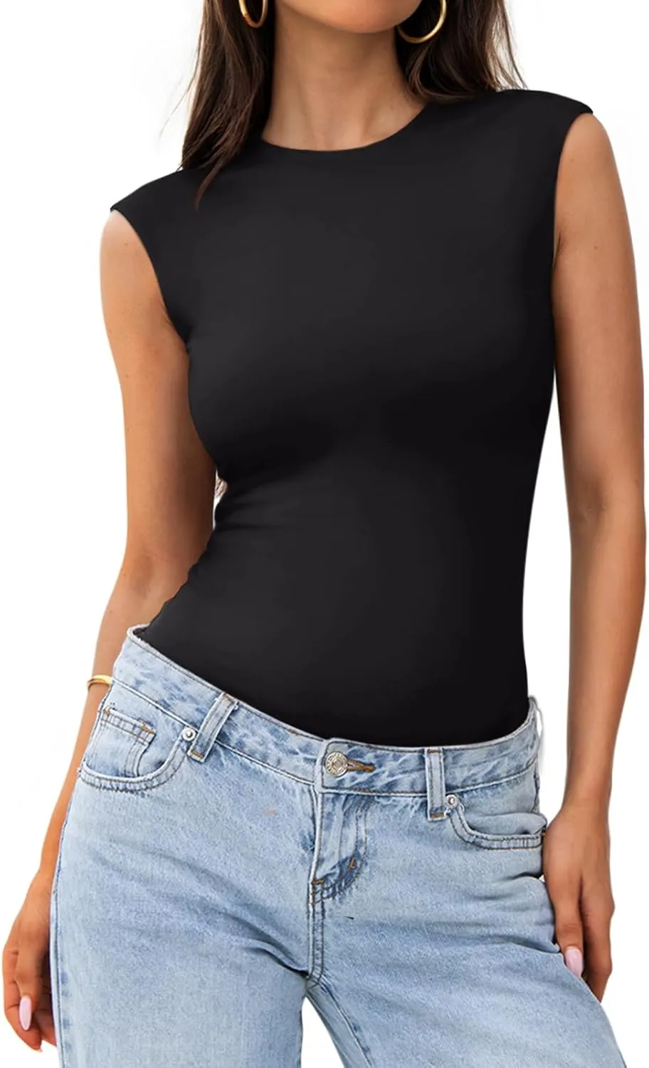 PINKMSTYLE Womens Crew Neck Sleeveless Bodysuit Double Lined Stretchy Fitted Basic Thong Body suit Tank Tops