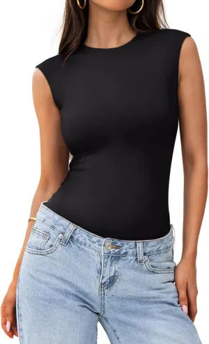 PINKMSTYLE Womens Crew Neck Sleeveless Bodysuit Double Lined Stretchy Fitted Basic Thong Body suit Tank Tops