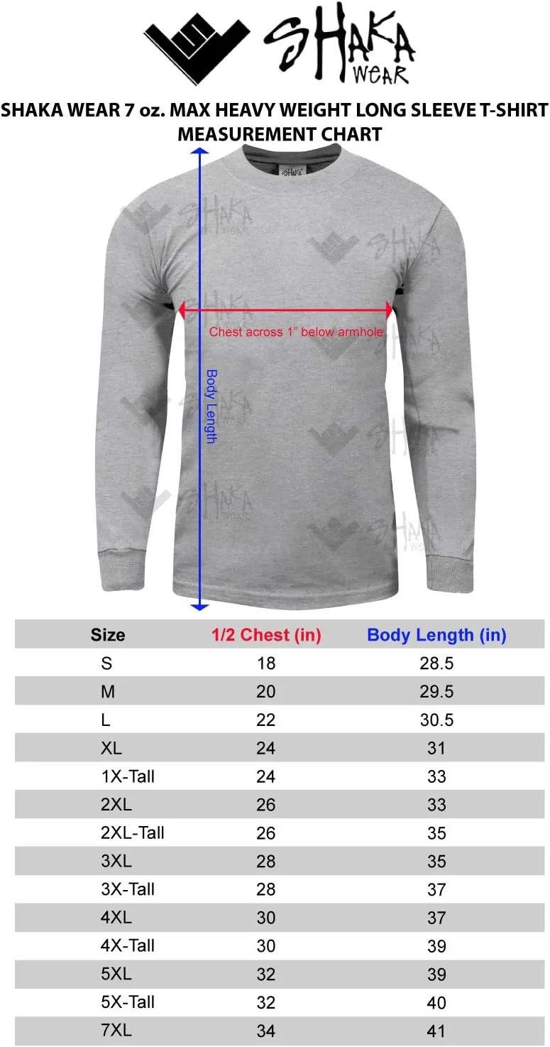 Shaka Wear Men's Cotton T-Shirt  Max Heavyweight 7 Ounce Long Sleeve Crew Neck Plain Tee Top Tshirts Regular Big Tall Size