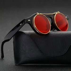 Sunglasses Women Brand Designer Retro Round Steampunk Steam Punk Metal Flip Cover Fashion Sun Glasses