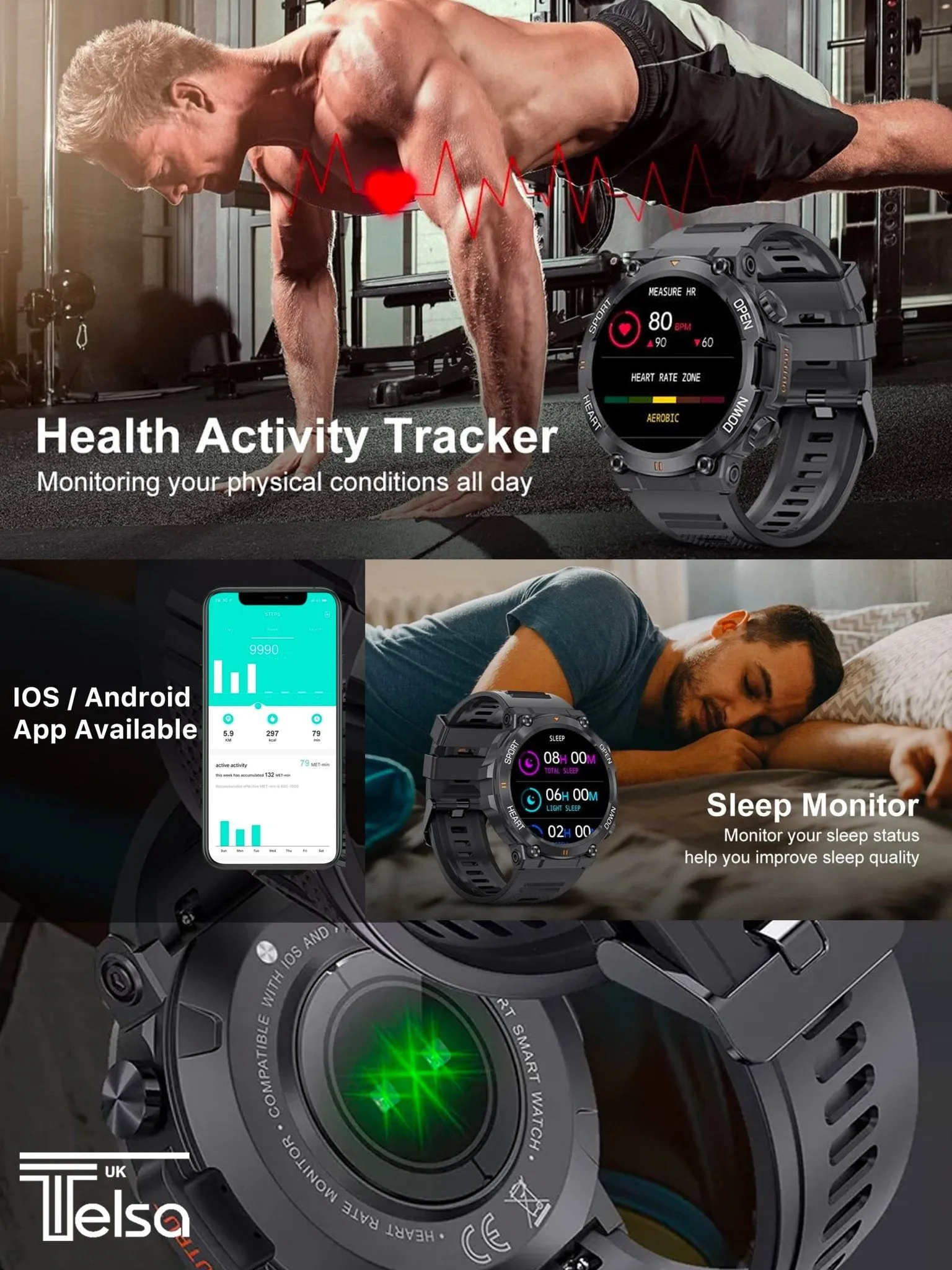 TELSA UK - Smart Watch Waterproof IP67 military style mens Sports & fitness digital Watch with Touch Screen display, Fitness Watch, Heart Rate, Step counter Smart Watch for men IOS & Android