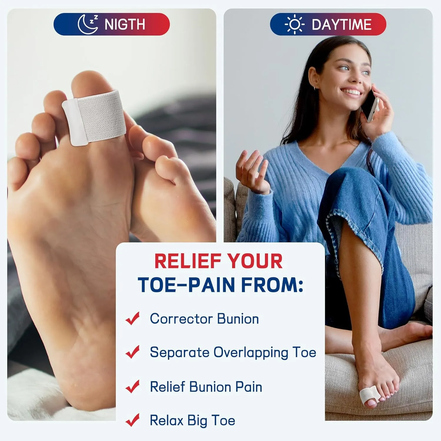 Toe Separator for Overlapping big Toes,Big Toe Spacers for Bunion,Toe Corrector for Big Toe Alignment,Prevent Rubbing and Relieve Pressure,fit well in shoes.