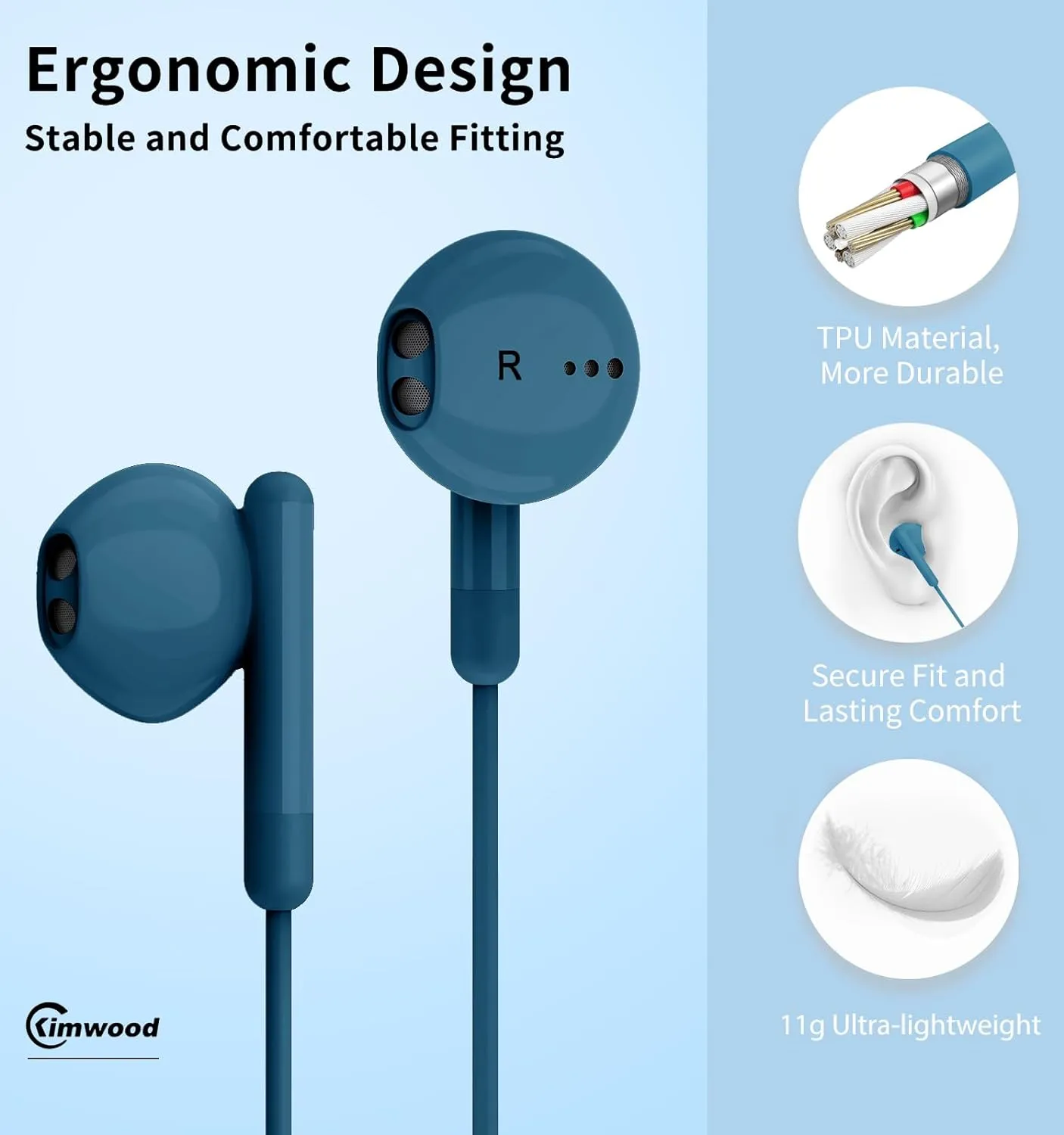 Wired Earbuds with Microphone, Wired Earphones in-Ear Headphones HiFi Stereo, Powerful Bass and Crystal Clear Audio, Compatible with iPhone, Android, Computer Most with 3.5mm Jack(Blue)