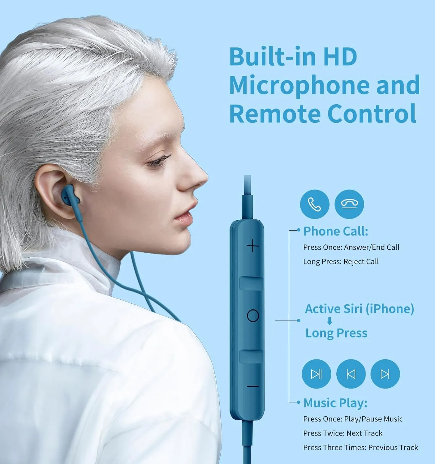 Wired Earbuds with Microphone, Wired Earphones in-Ear Headphones HiFi Stereo, Powerful Bass and Crystal Clear Audio, Compatible with iPhone, Android, Computer Most with 3.5mm Jack(Blue)