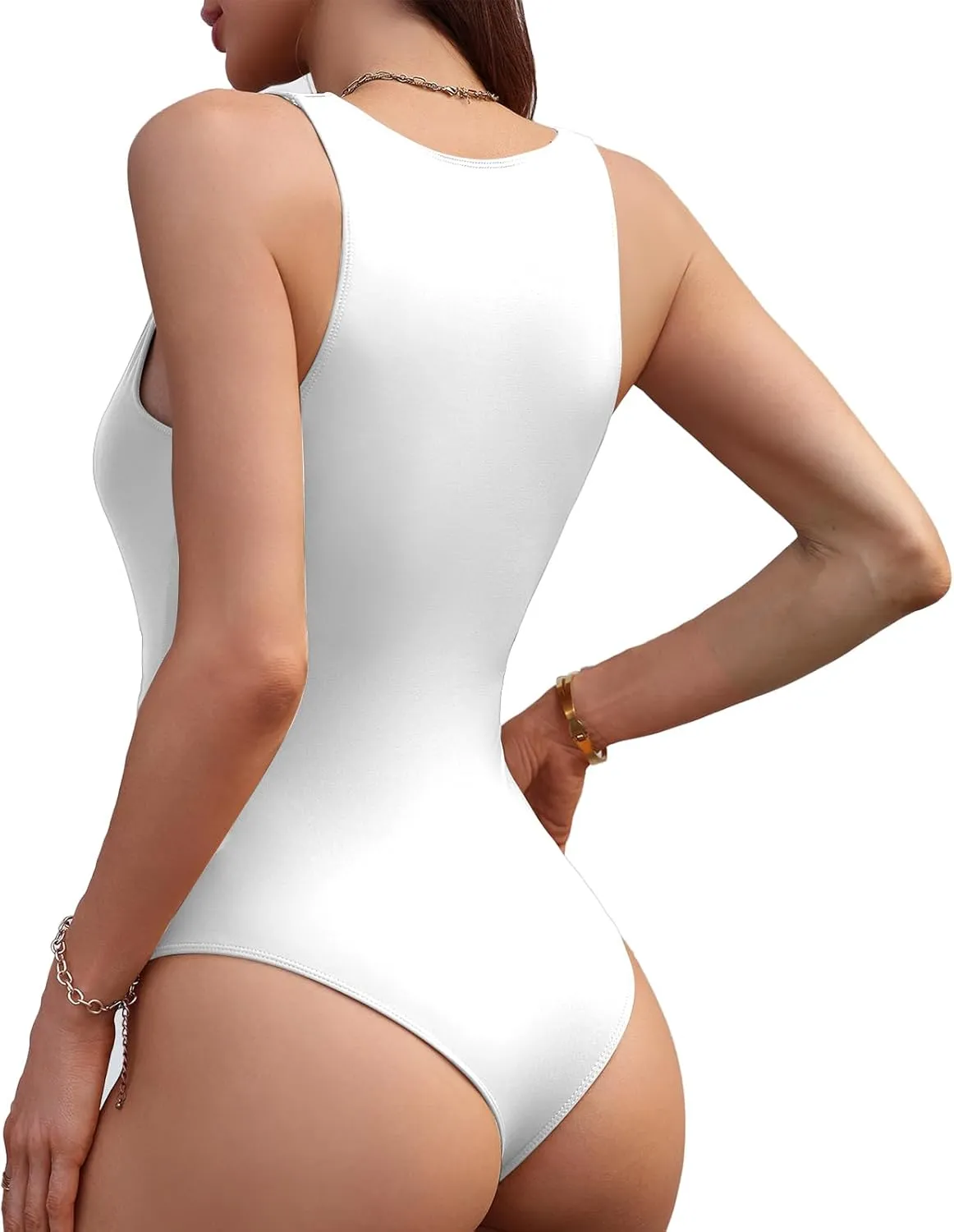 Women's Crew Neck Sleeveless Bodysuit Seamless Double-Lined Stretchy Tank Top Bodysuits for Women