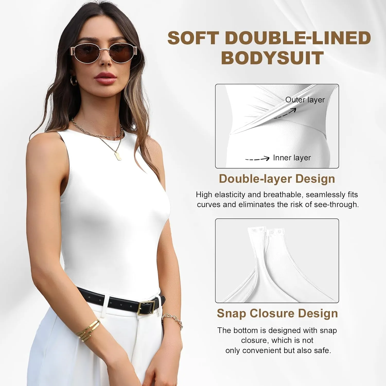 Women's Crew Neck Sleeveless Bodysuit Seamless Double-Lined Stretchy Tank Top Bodysuits for Women