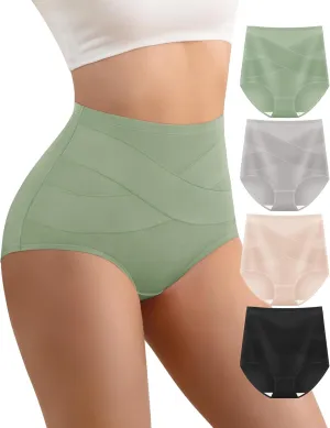 Women's High Waisted Cotton Underwear Tummy Control Panties Ladies Stretch Breathable Full Coverage Briefs 4 Pack