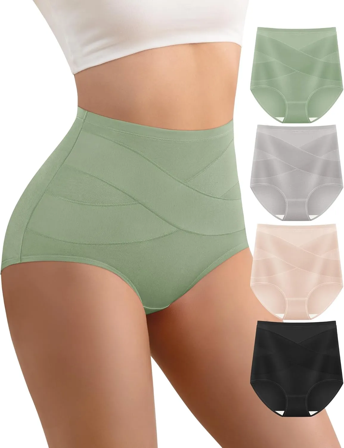 Women's High Waisted Cotton Underwear Tummy Control Panties Ladies Stretch Breathable Full Coverage Briefs 4 Pack