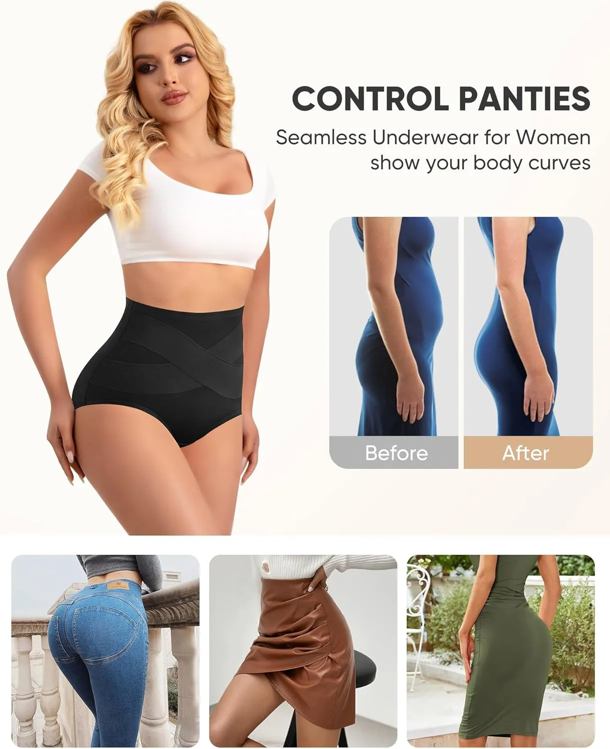 Women's High Waisted Cotton Underwear Tummy Control Panties Ladies Stretch Breathable Full Coverage Briefs 4 Pack