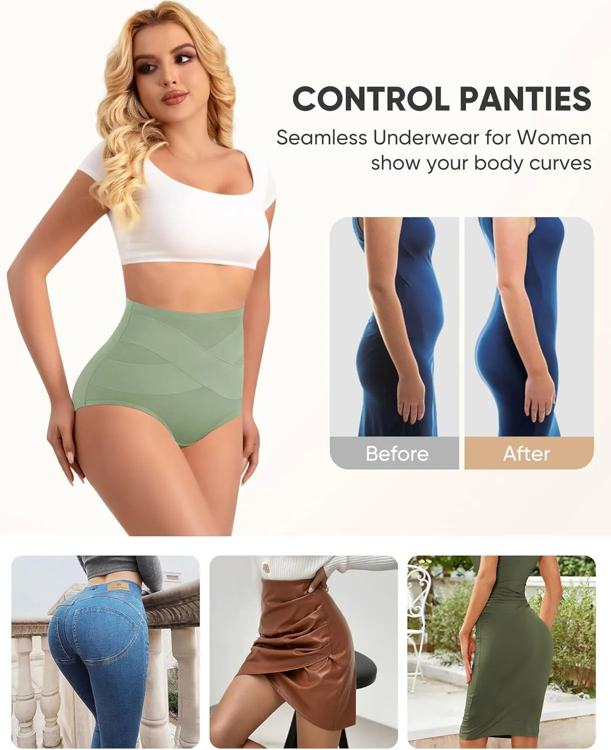 Women's High Waisted Cotton Underwear Tummy Control Panties Ladies Stretch Breathable Full Coverage Briefs 4 Pack