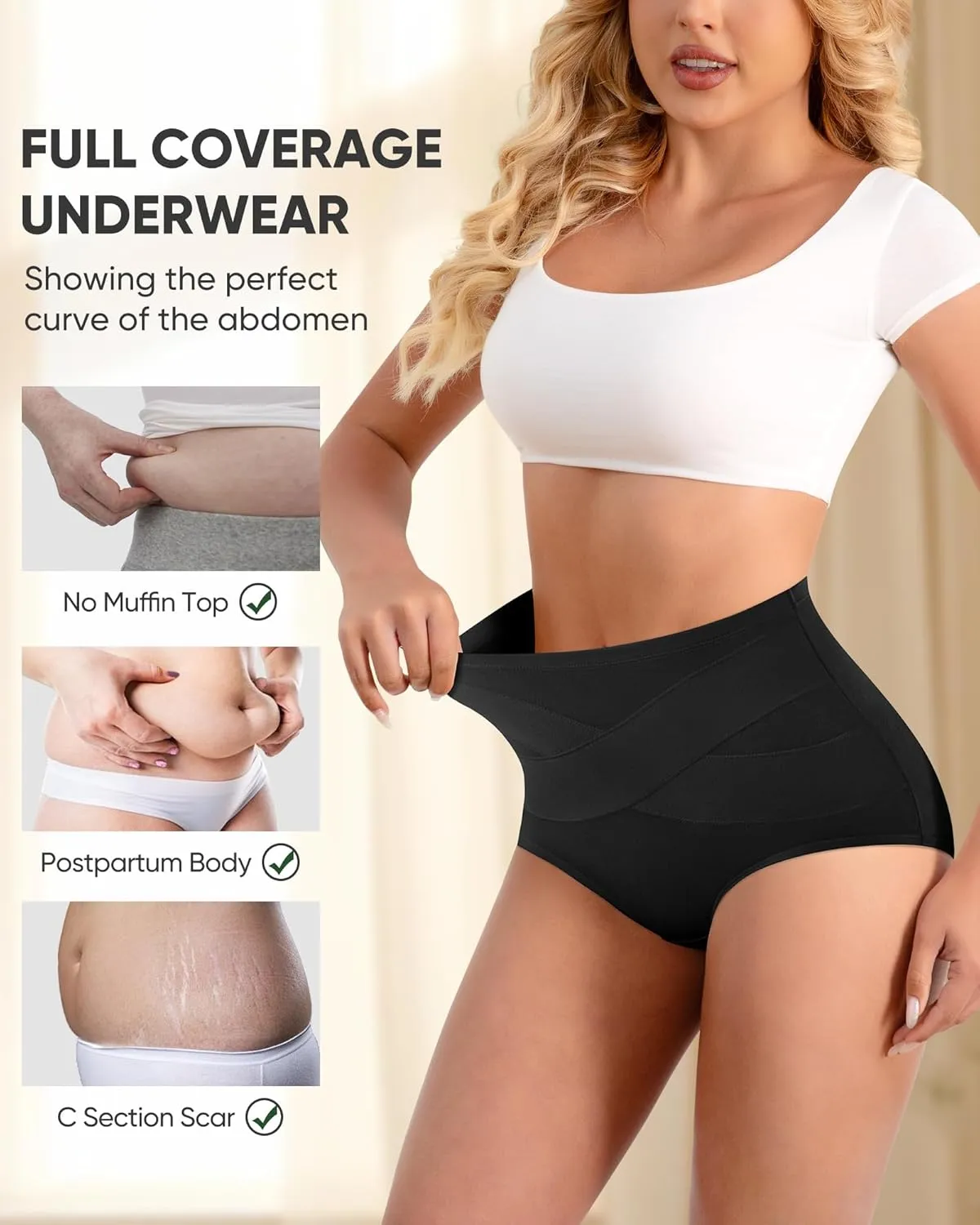 Women's High Waisted Cotton Underwear Tummy Control Panties Ladies Stretch Breathable Full Coverage Briefs 4 Pack