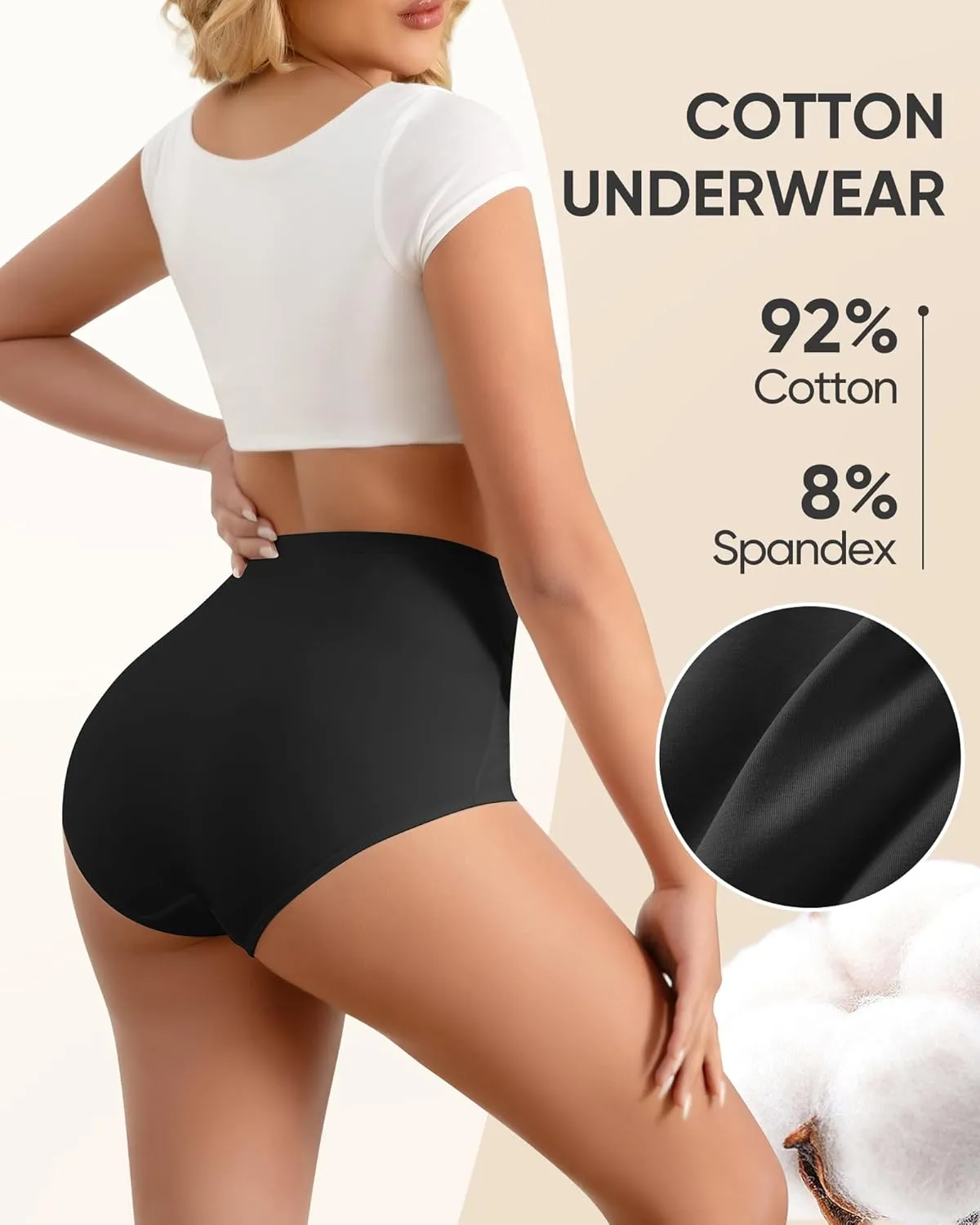 Women's High Waisted Cotton Underwear Tummy Control Panties Ladies Stretch Breathable Full Coverage Briefs 4 Pack