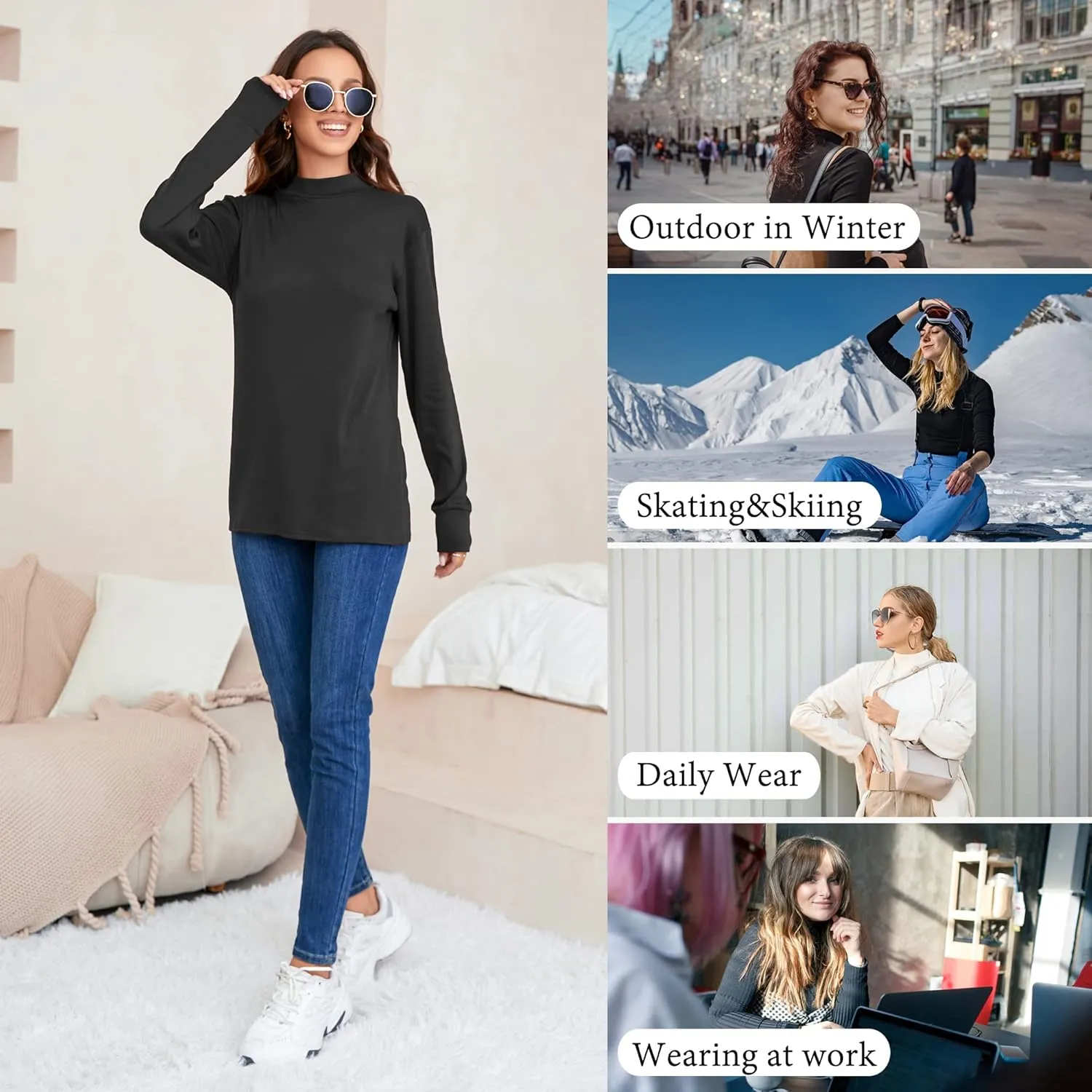 Womens Mock Turtleneck Tops Long Sleeve Fleece Lined Lightweight Thermal Base Layer