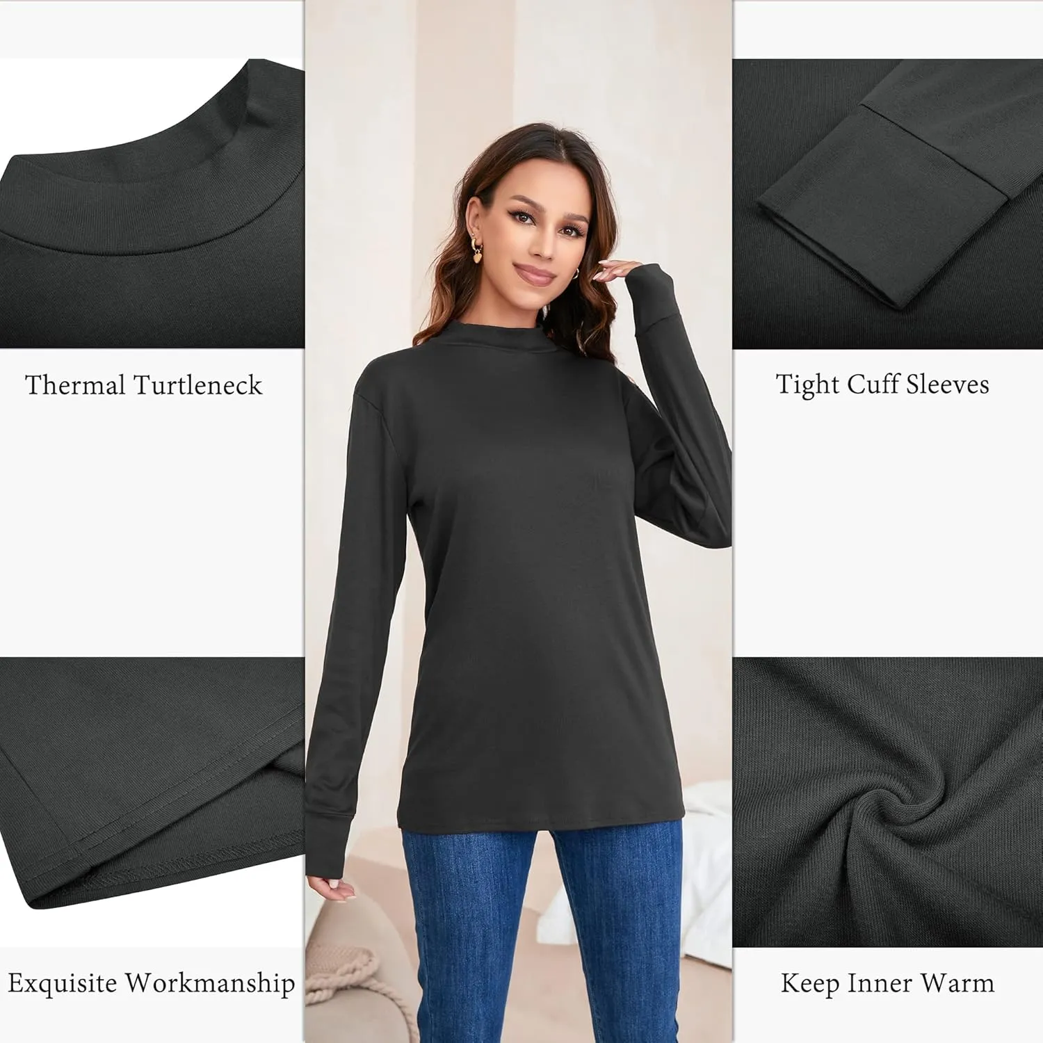 Womens Mock Turtleneck Tops Long Sleeve Fleece Lined Lightweight Thermal Base Layer