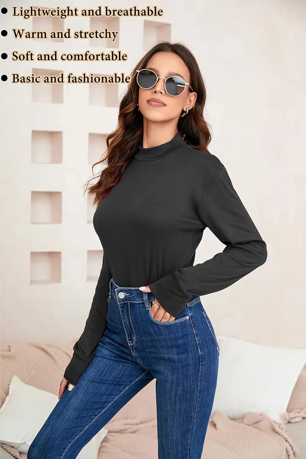 Womens Mock Turtleneck Tops Long Sleeve Fleece Lined Lightweight Thermal Base Layer